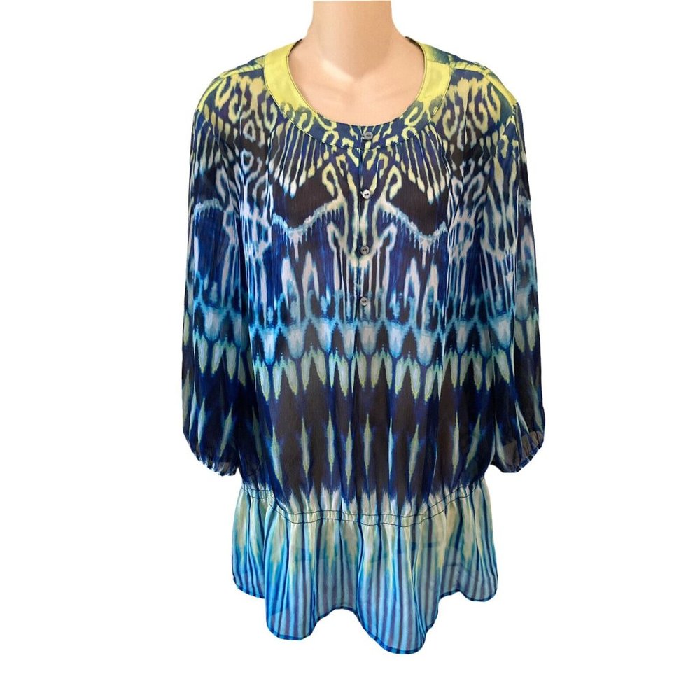Chico’s Peplum Tunic Top Blouse Blue Chartreuse White Size 3 (XL/16) 3/4 Sleeve
